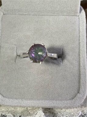 Mystic Topaz Round Solitaire Ring in Purple-Green Vintage Sterling Silver Ring.